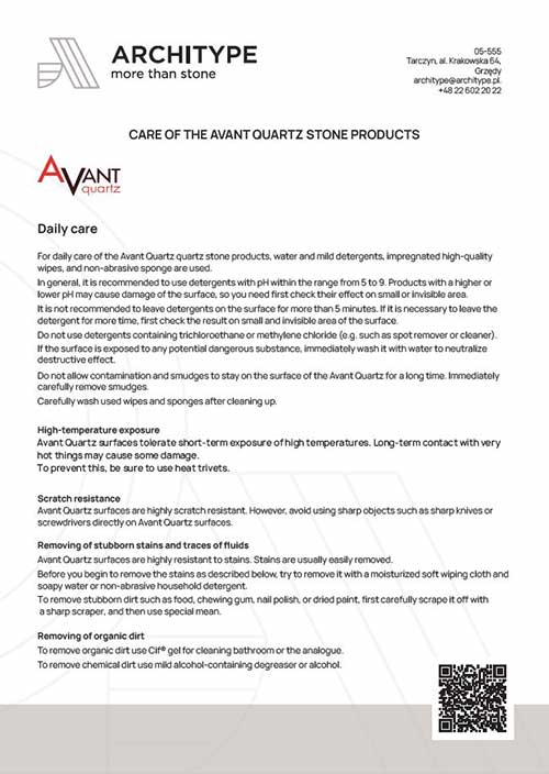 Avant Quartz. Products care manual